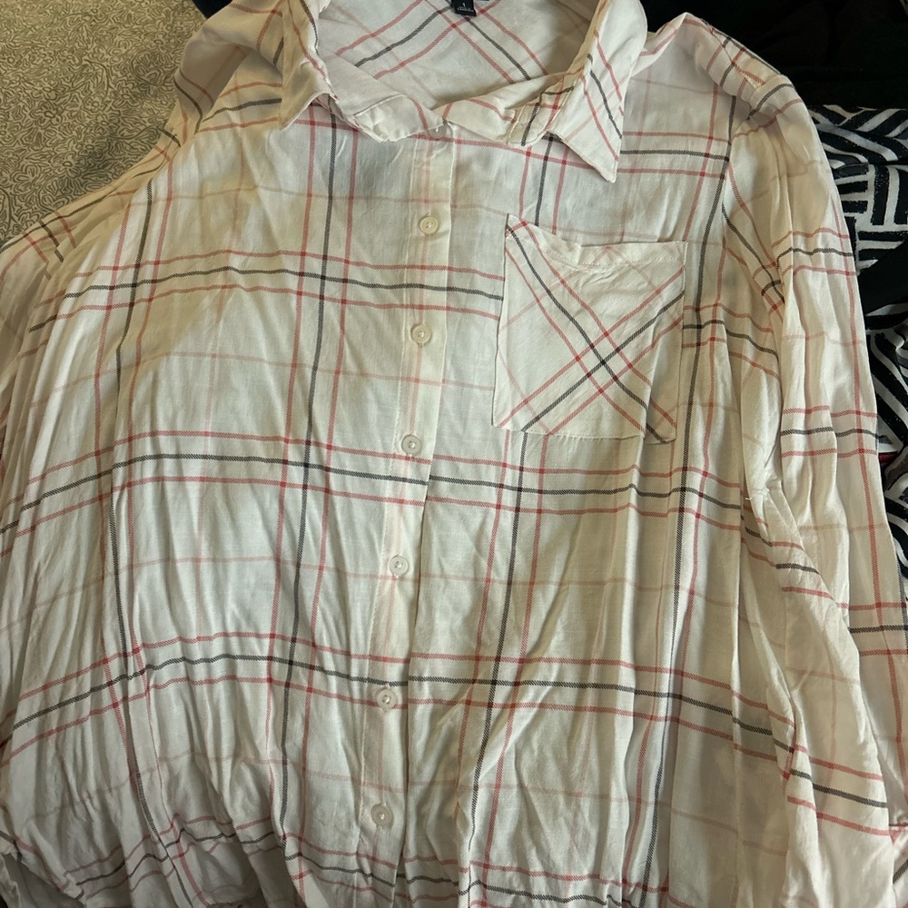 Torrid Stylish White and Pink Plaid Button-Up Shirt